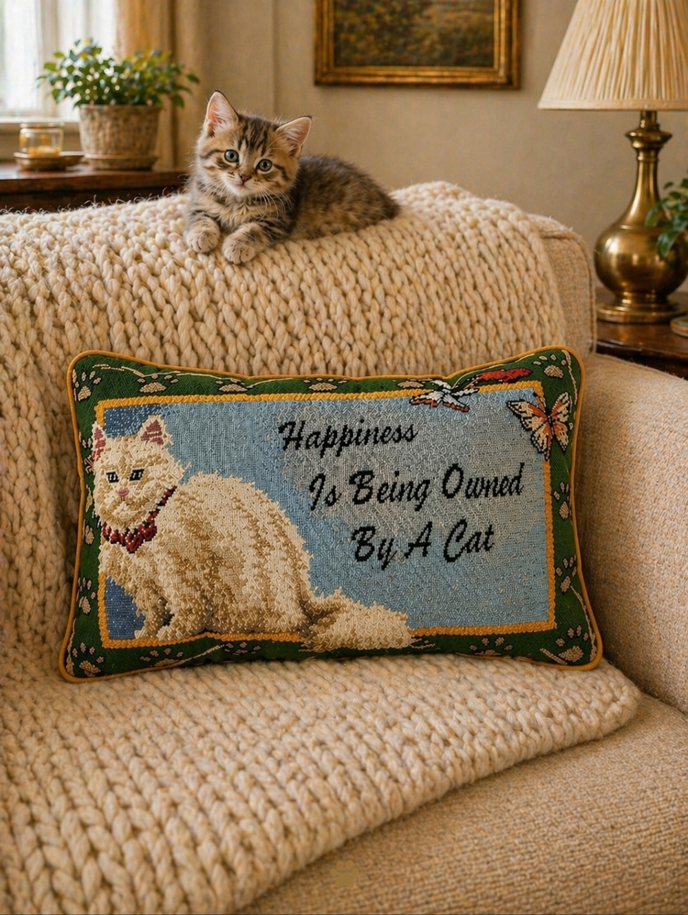Vintage Cat Tapestry Pillow Cottagecore Grannycore Cottage Cat Lover Decor 13x9